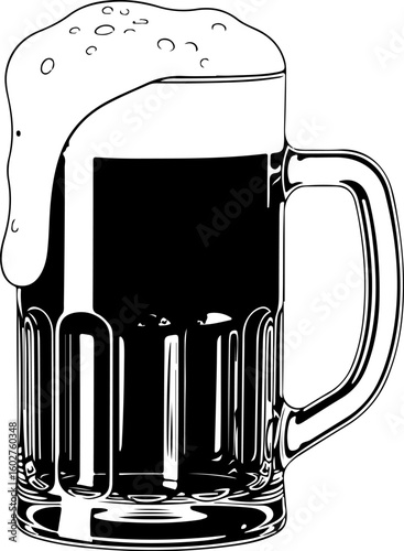 Vector art of a black and white illustration of a large glass mug filled with dark beer and overflowing with frothy white foam
