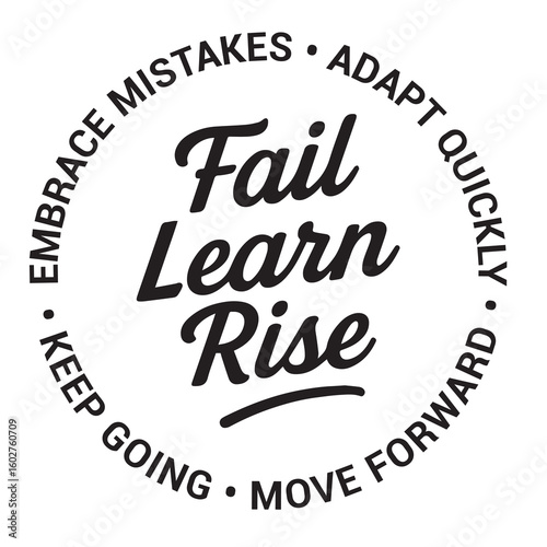 Fail learn rise, embrace mistakes, adapt quickly, keep going, move forward, inspirational design quote, motivational quotes, typography illustration lettering quotes