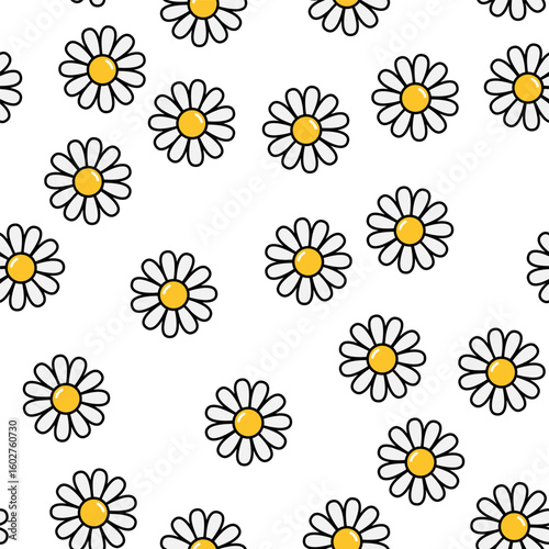 seamless pattern with cartoon daisy flower with yellow center and white petals