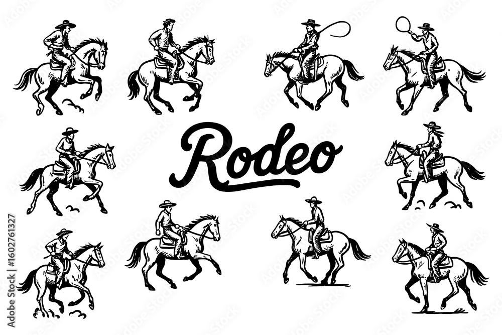 Fototapeta premium Rodeo cowboys riding bulls in dynamic vintage engraving style, Transparent Background