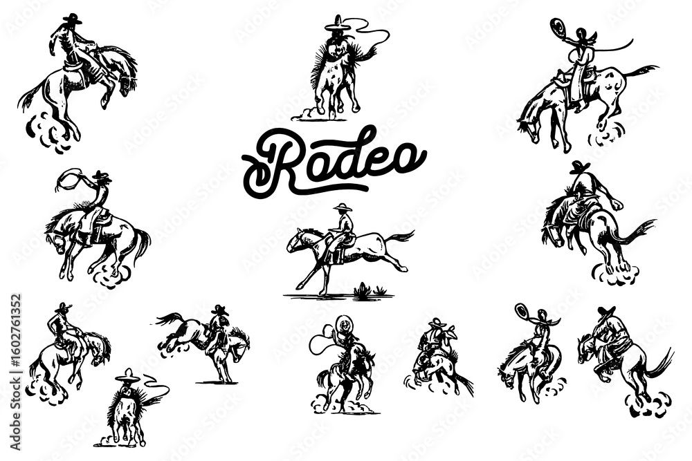 Fototapeta premium Rodeo cowboys riding bulls in dynamic vintage engraving style, Transparent Background