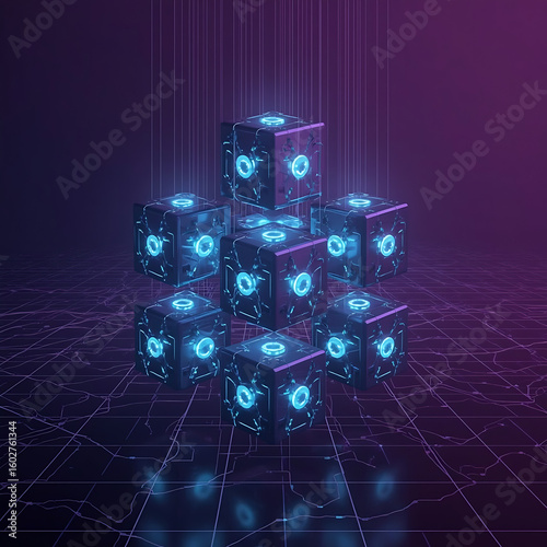 The futuristic metaverse digital cubes, which impede technology network connections, symbolize the era of advanced technology and artificial intelligence.