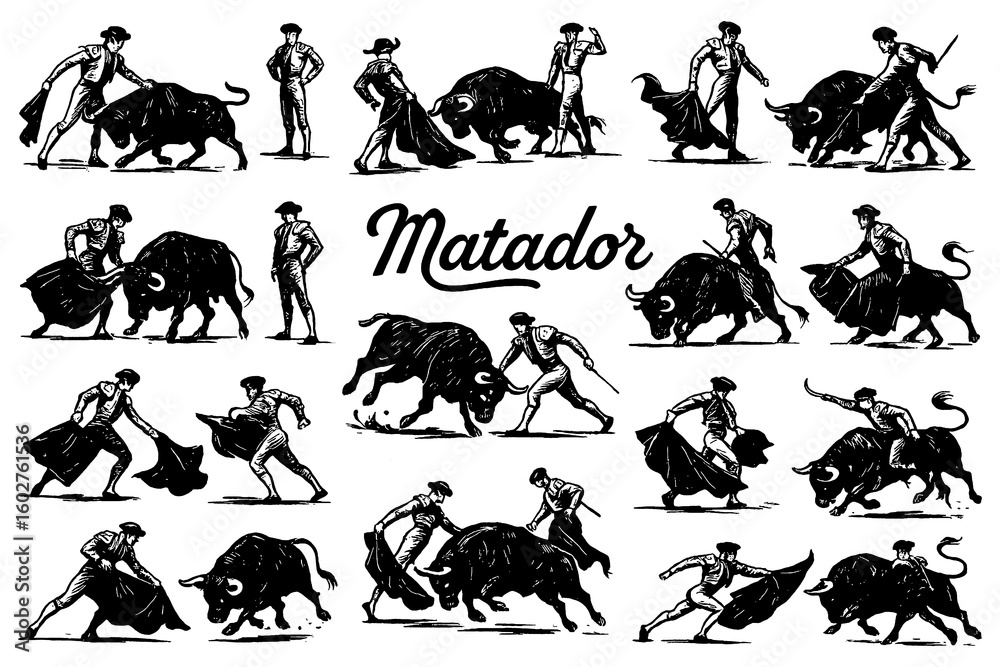 Fototapeta premium Traditional matadors and bullfighting scenes in vintage engraving style, Transparent Background