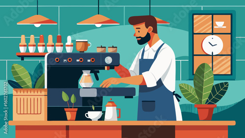 Barista using espresso machine in trendy caf | Barista Cafe Illustration
