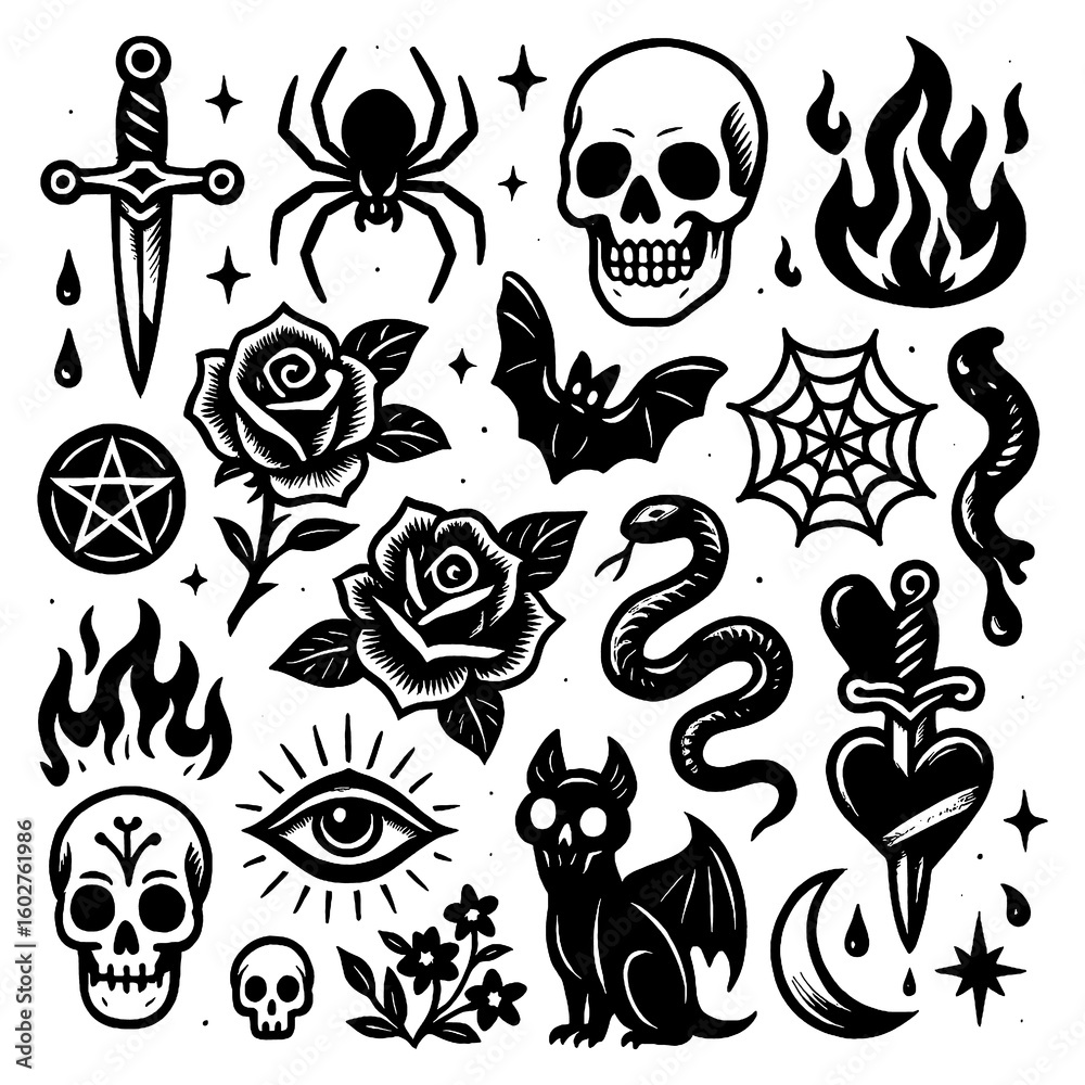 Obraz premium Spooky Halloween icons with skulls, ghost, and witch elements in bold black style, Transparent Background