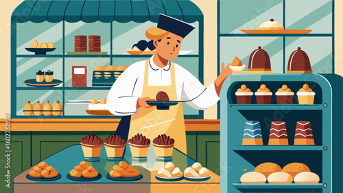 Caf  owner arranging pastries in glass display | Barista Cafe Illustration