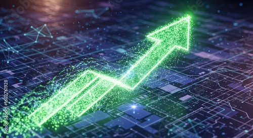 Green arrow pointing upward on conceptual background. Digital transformation and data flow. Business growth and technology advancement visualization for analysis.
