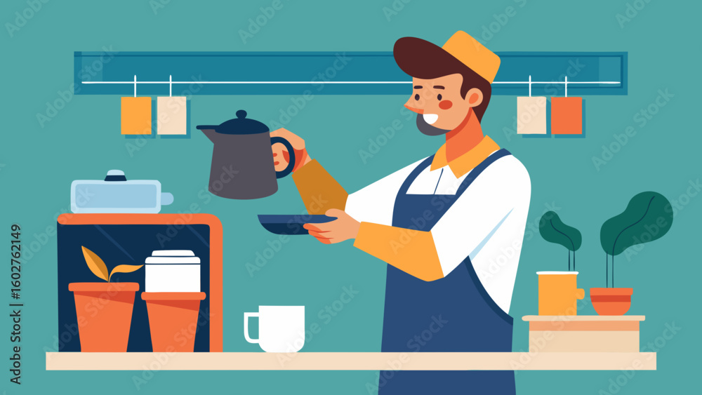 Caf worker pouring hot coffee into takeaway cup | Barista Cafe Illustration Caf worker pouring hot coffee into takeaway cup | Barista Cafe Illustration