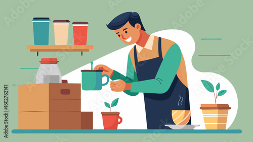 Caf  worker pouring hot coffee into takeaway cup   (1) | Barista Cafe Illustration
