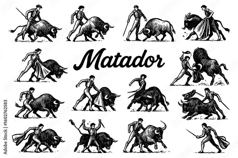 Fototapeta premium Matadors and bullfighting scenes in vintage engraving style, Transparent Background