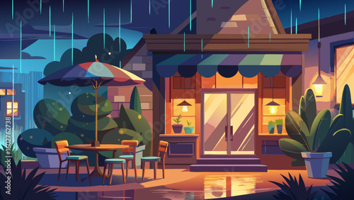 Cozy evening caf  with warm lighting and rain outs | Barista Cafe Illustration