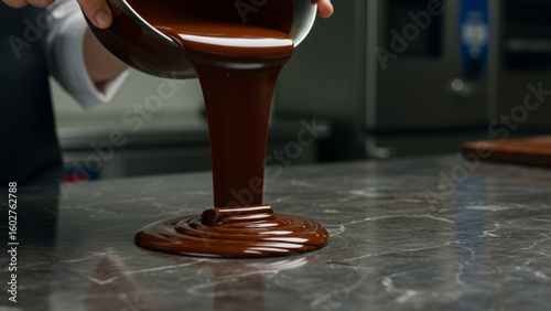 Chocolate tempering process with glossy chocolate being poured