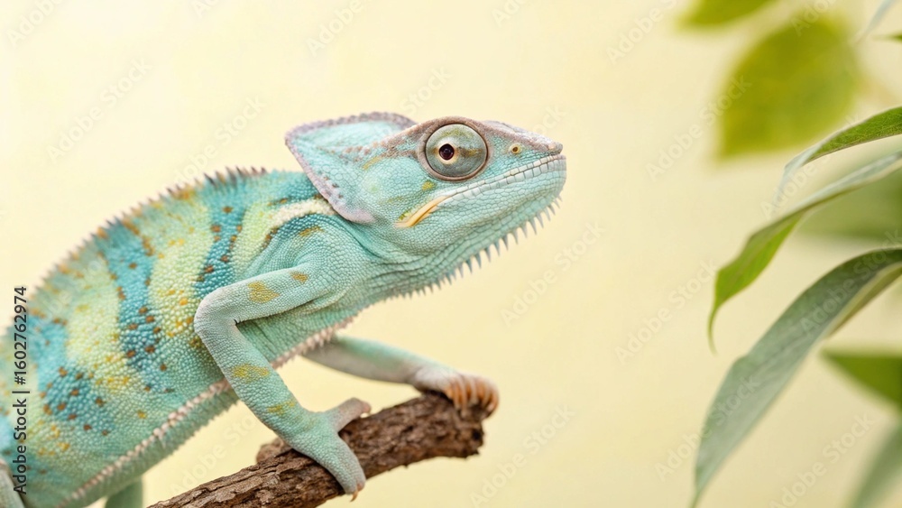Fototapeta premium Chameleon with a veil, the background is light colored, pastel style.