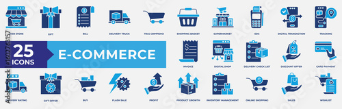 E-commerce icons collection set. Containing shopping cart, sale tag, bag, store, delivery, basket, credit card, market and product icon. Simple flat vector illustration.