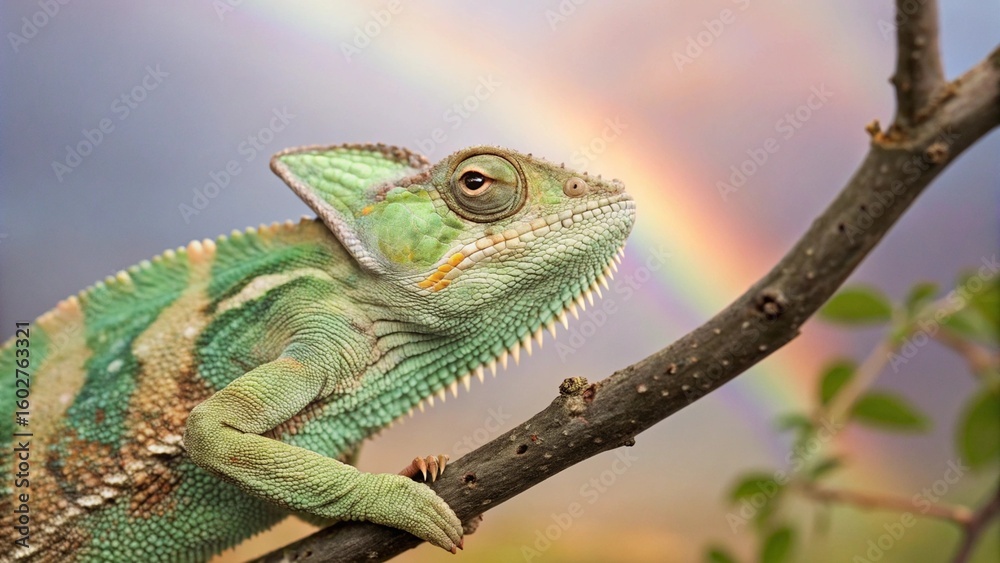 Fototapeta premium Chameleon with a veil, the background is light colored, pastel style.