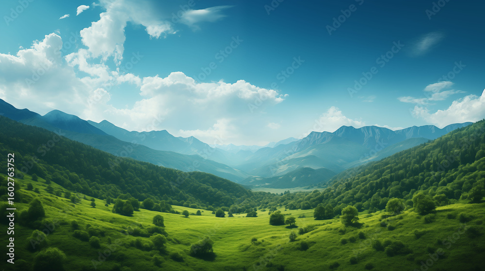 Fototapeta premium Lush green mountains with forest-covered slopes, daylight, partly cloudy sky, peaceful and fresh natural background