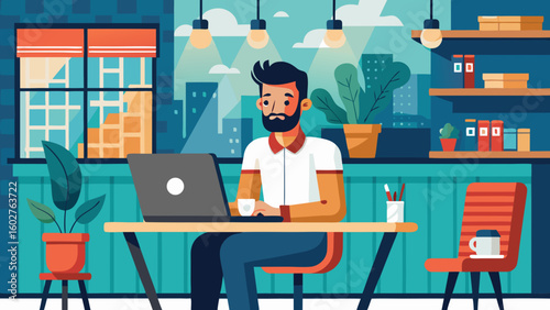 Stylish young man working in a hipster caf | Barista Cafe Illustration