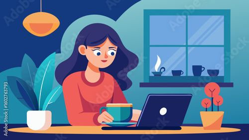 Woman enjoying cappuccino while working on laptop | Barista Cafe Illustration