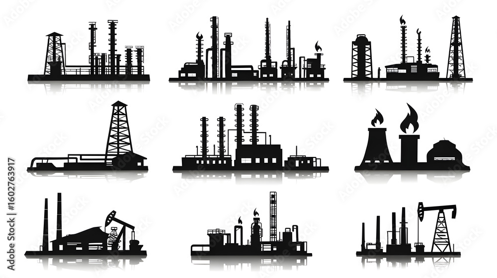 Obraz premium Industrial chemical plant and factory icons with black silhouettes of pipelines, towers and chimneys, fire flames. For gas and oil industry design