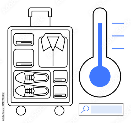 Packed suitcase with folded shoes, shirts, and essentials beside a thermometer indicating temperature levels and a search bar. Ideal for travel, preparation, packing, organization, vacation