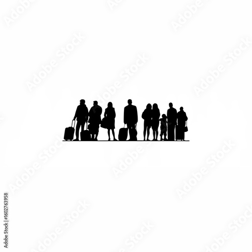 Silhouette of group of people waiting in line at a terminal on white background
