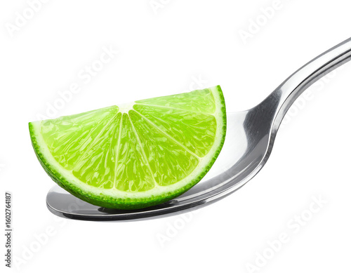Slice of green lime in spoon isolated on white