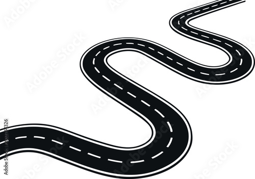 This black and white vector graphic depicts a winding road, perfect for representing travel, adventure, or a journey.