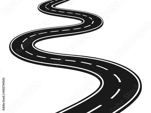 This black and white vector graphic depicts a winding road, perfect for representing travel, adventure, or a journey.