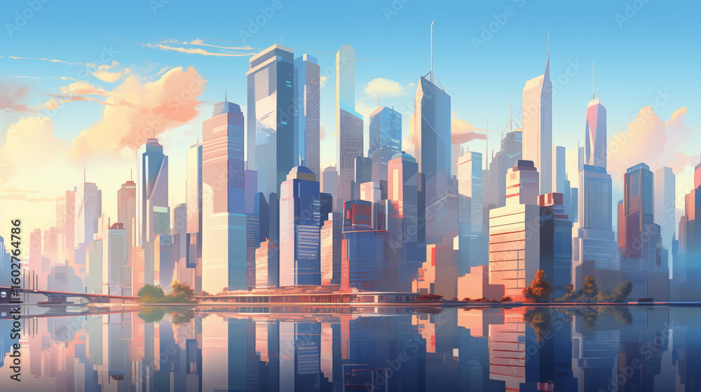 Fototapeta premium Modern city skyline in early morning light, slight haze for depth, clean perspective, sharp architecture detail