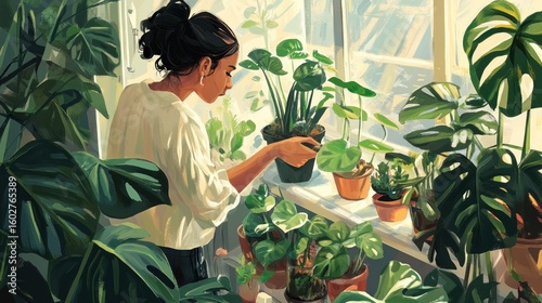 Woman tending plants by a sunny window