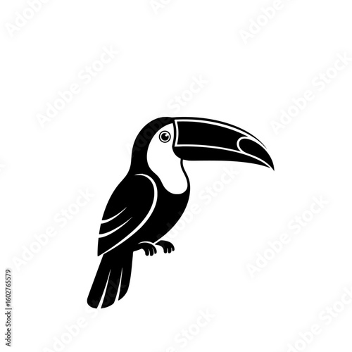 Stylized black toucan silhouette perched, showcasing its distinctive large beak.