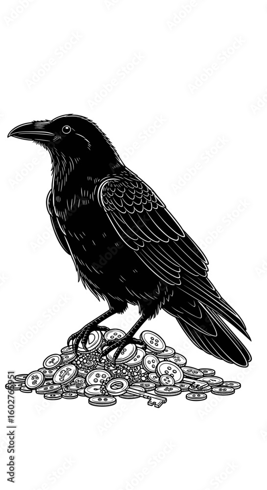 Fototapeta premium Black raven standing on a pile of coins, mysterious mood, minimalist background