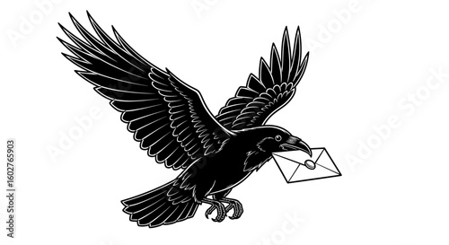 Black raven carrying an envelope, messenger mood, minimalist illustration