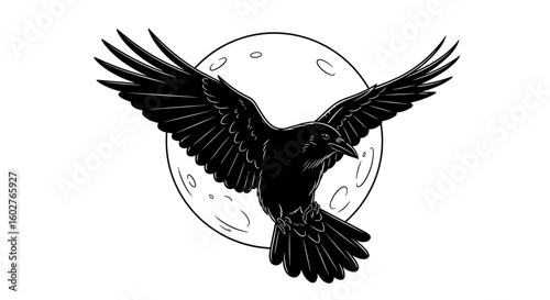 Black raven flying against a full moon, dramatic mood, minimalist design