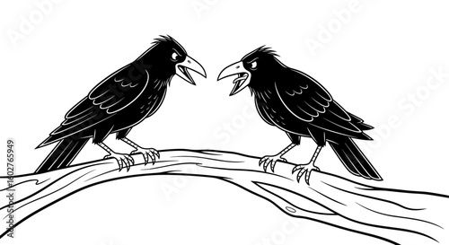 Two black ravens squawking on a branch, lively mood, minimalist design