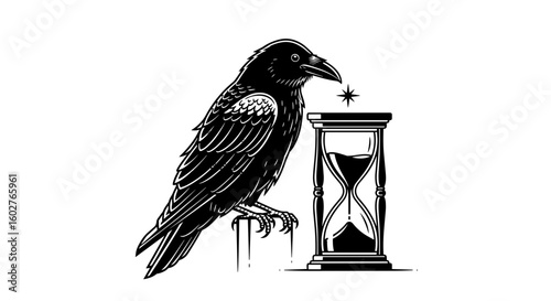 Black crow beside an hourglass in artistic illustration style on a blank background