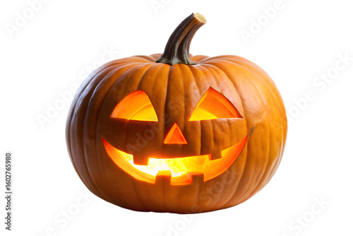 A classic carved halloween pumpkin with a friendly glowing face, isolated on a transparent background