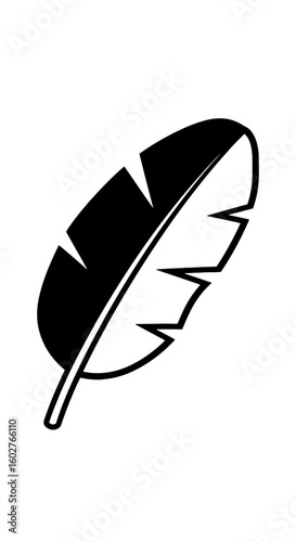 A stylized black and white illustration of a single banana leaf.