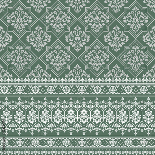 ethnic aztec embroidery textile pattern Victorian Damask on green background vector illustration design.