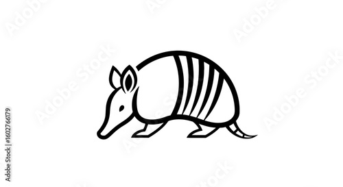A stylized black and white illustration of an armadillo, depicted in a simple outline.