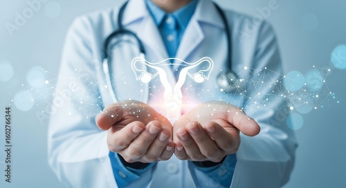 Gynecologist Doctor Holding Uterus Hologram, Women's Health and Reproductive System, Medical Technology, Healthcare Innovation
