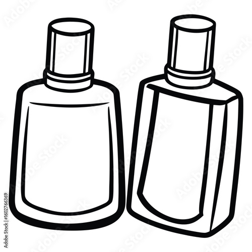 Two simple black and white line drawing illustrations of perfume bottles with caps presented side by side on a white background