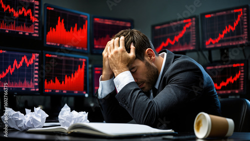 A stressed trader holds his head in his hands, surrounded by monitors showing downward stock trends, in a hectic office environment.