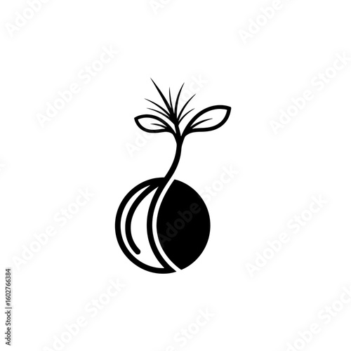 Black and white graphic of a seedling sprouting from a seed, symbolizing growth and new beginnings.
