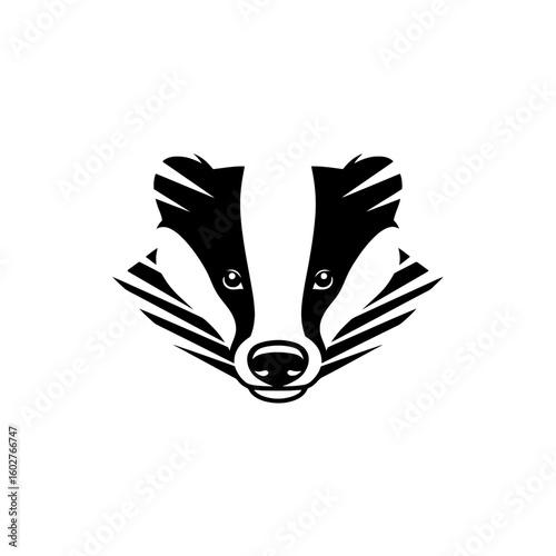 Stylized badger head, black and white, graphic design, wildlife illustration.