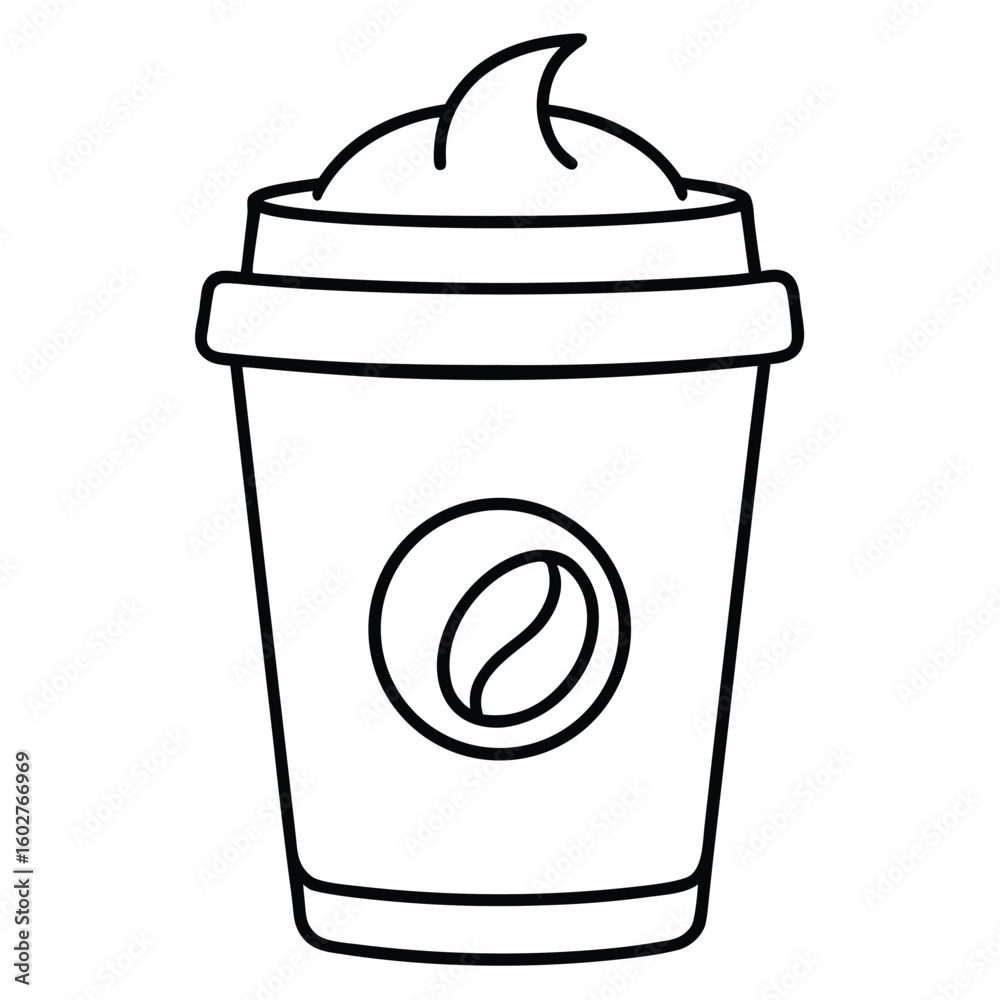 Simple line art illustration of a to go coffee cup with whipped cream and a coffee bean logo perfect for beverage branding and menus Simple line art illustration of a to go coffee cup with whipped cream and a coffee bean logo perfect for beverage branding and menus