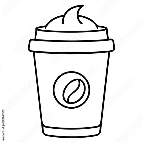 Simple line art illustration of a to go coffee cup with whipped cream and a coffee bean logo perfect for beverage branding and  menus