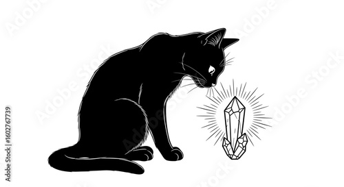 A black cat curiously gazing at a sparkling crystal, creating a mystical scene 