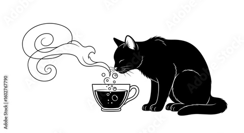 A black cat sipping from a cup with steam rising, creating a cozy scene 