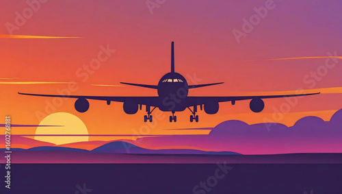 Airplane Silhouette During Sunset: An aircraft gracefully descends, its silhouette sharply defined against the vibrant hues of a sunset, capturing the essence of travel and adventure.